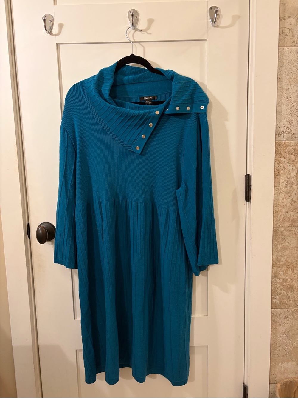 Style & Co. Teal Ribbed Button-Neck Knit Dress